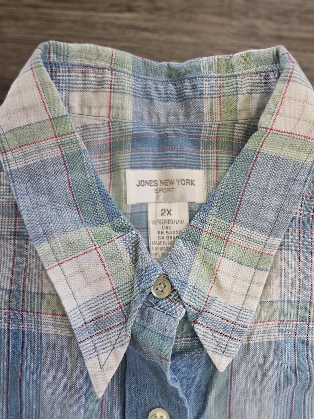 Jones New York Plaid Linen-Blend Button-Down in Blue, Green & White